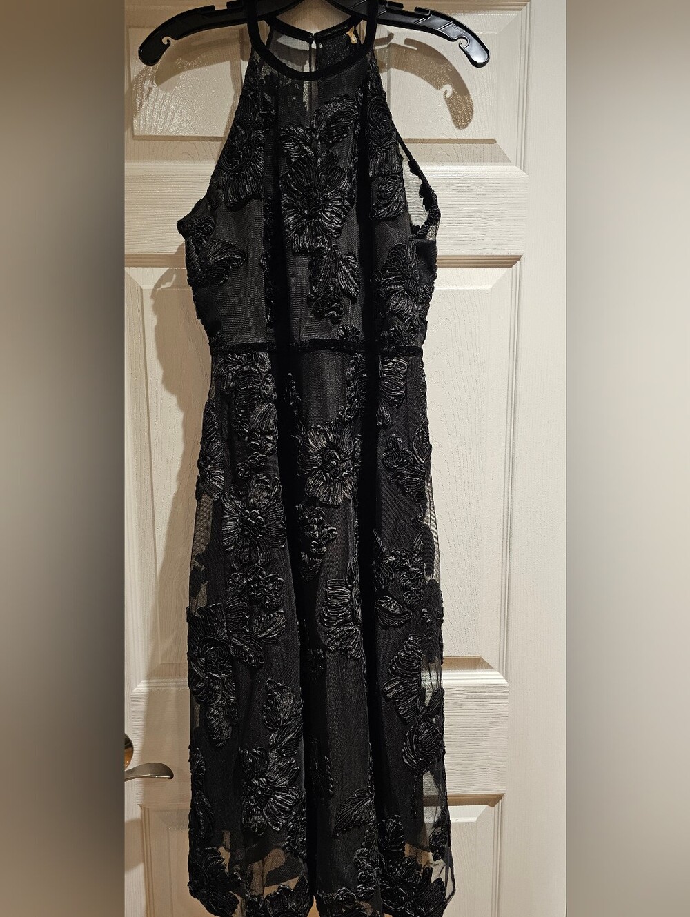 Elie Tahari Black Embroidered Halter Midi Dress with Floral Appliqué